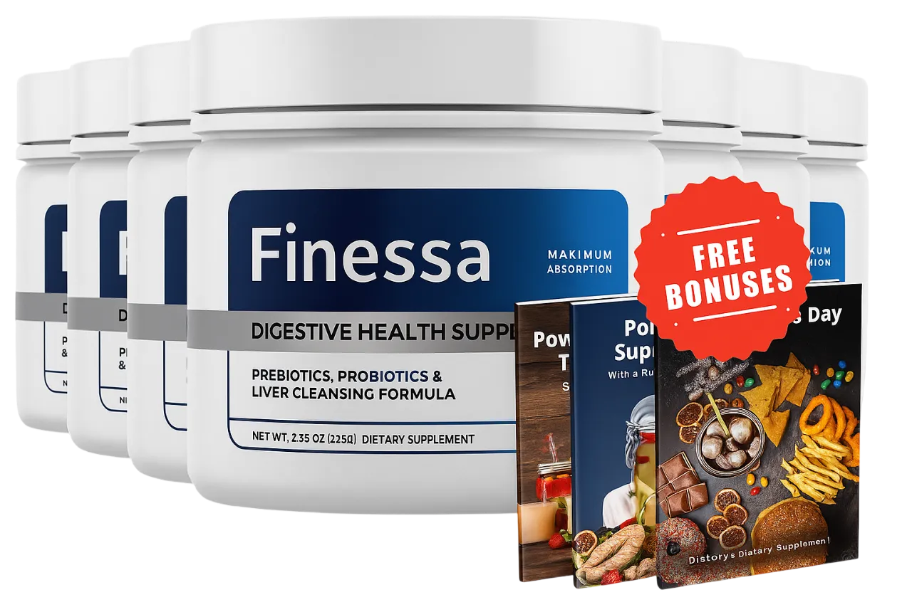 "Finessa Digestive Health Supplement 6-bottle bundle with free bonus ebooks for prebiotics, probiotics, and liver cleansing support."