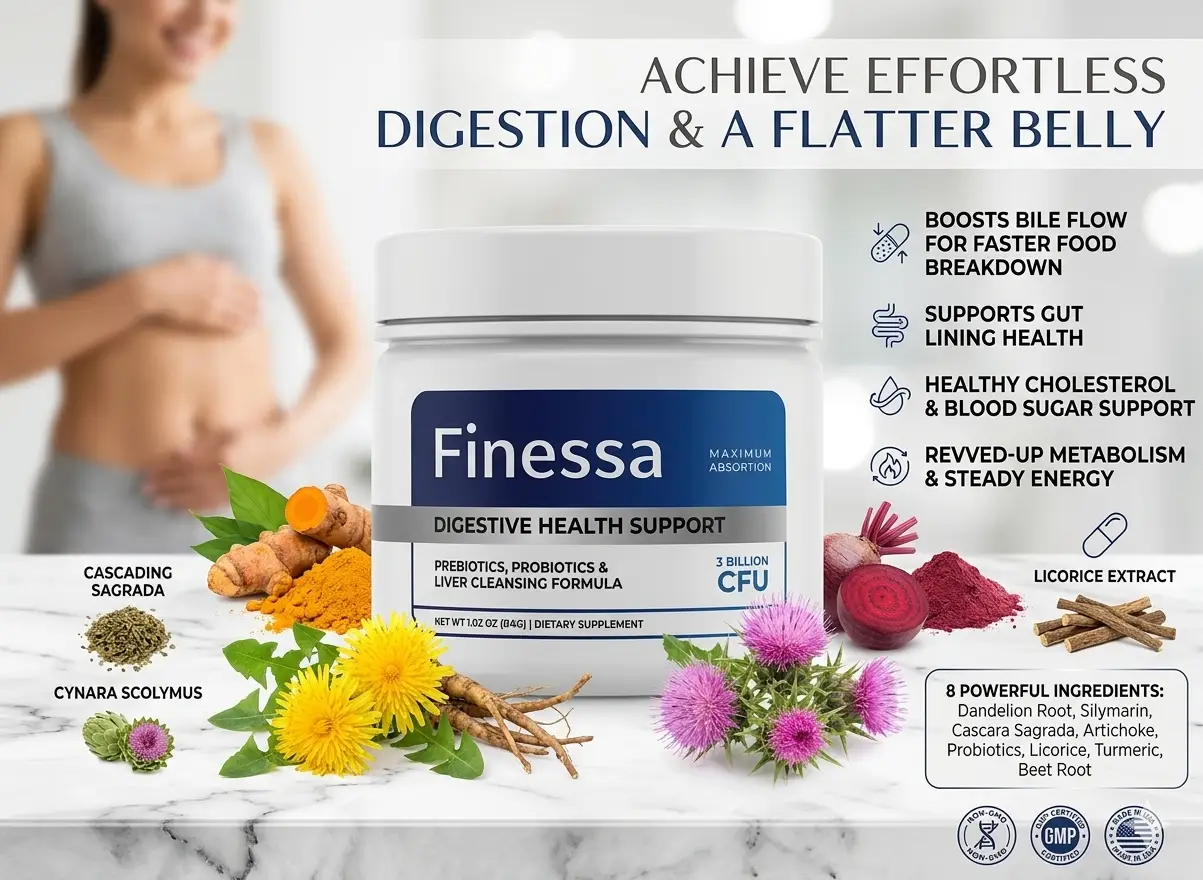Finessa supplement infographic showing benefits for effortless digestion, a flatter belly, and metabolism support with 8 powerful natural ingredients.