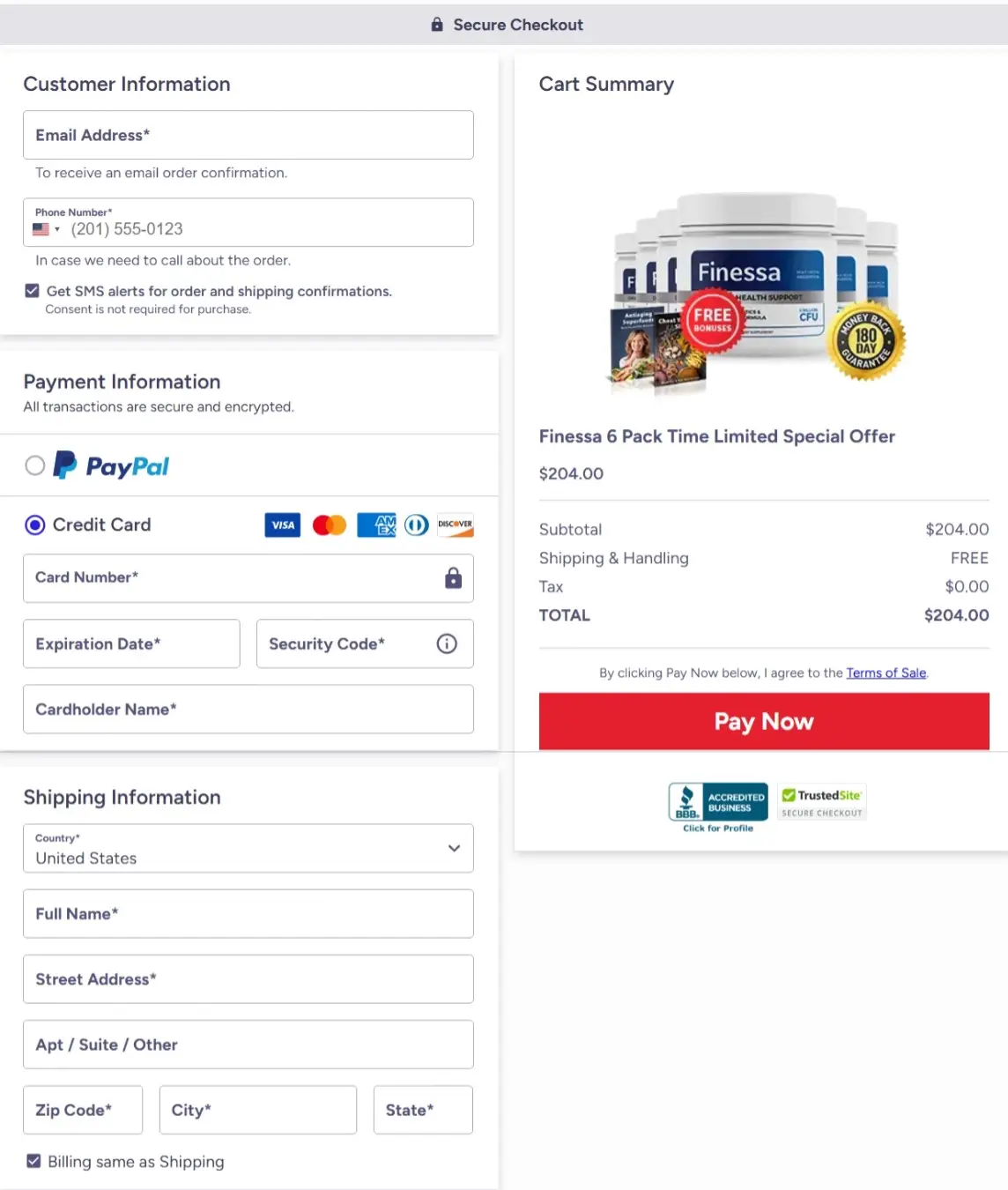 Finessa secure checkout page on ClickBank showing 180-day money-back guarantee and trusted payment methods.